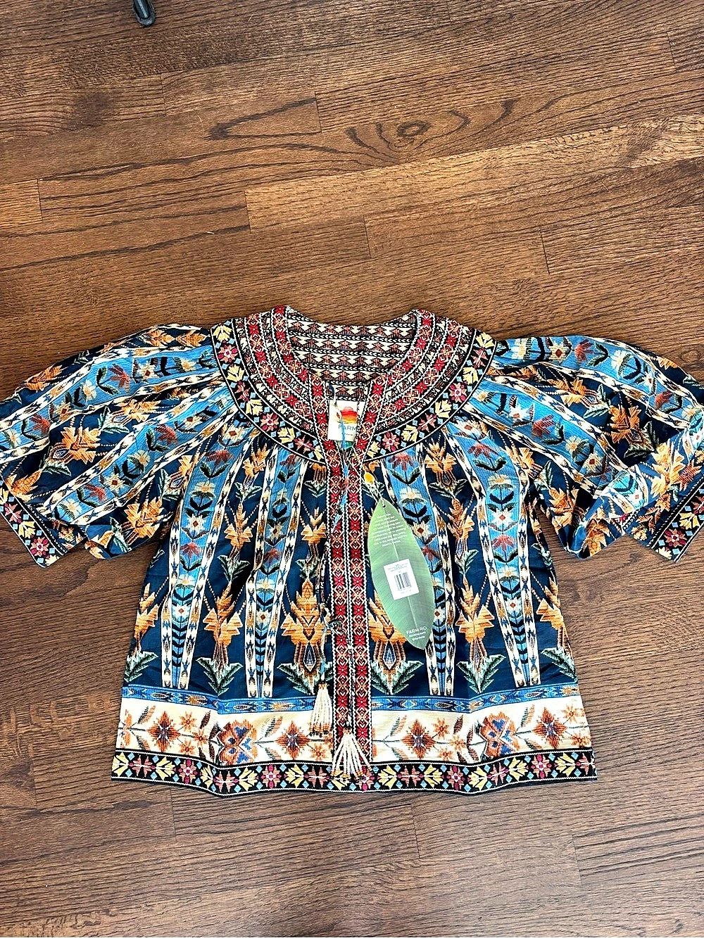 Farm Rio Blue Embroidered Tapestry Tassels Puff Sleeve Blouse Blue & Red Like